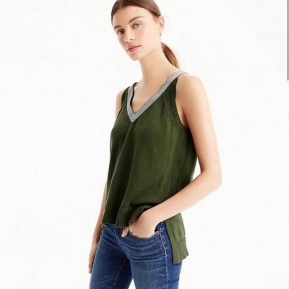 J. Crew Olive Green Sleeveless Sweater Tank Size XSmall Striped Ribbon trim.